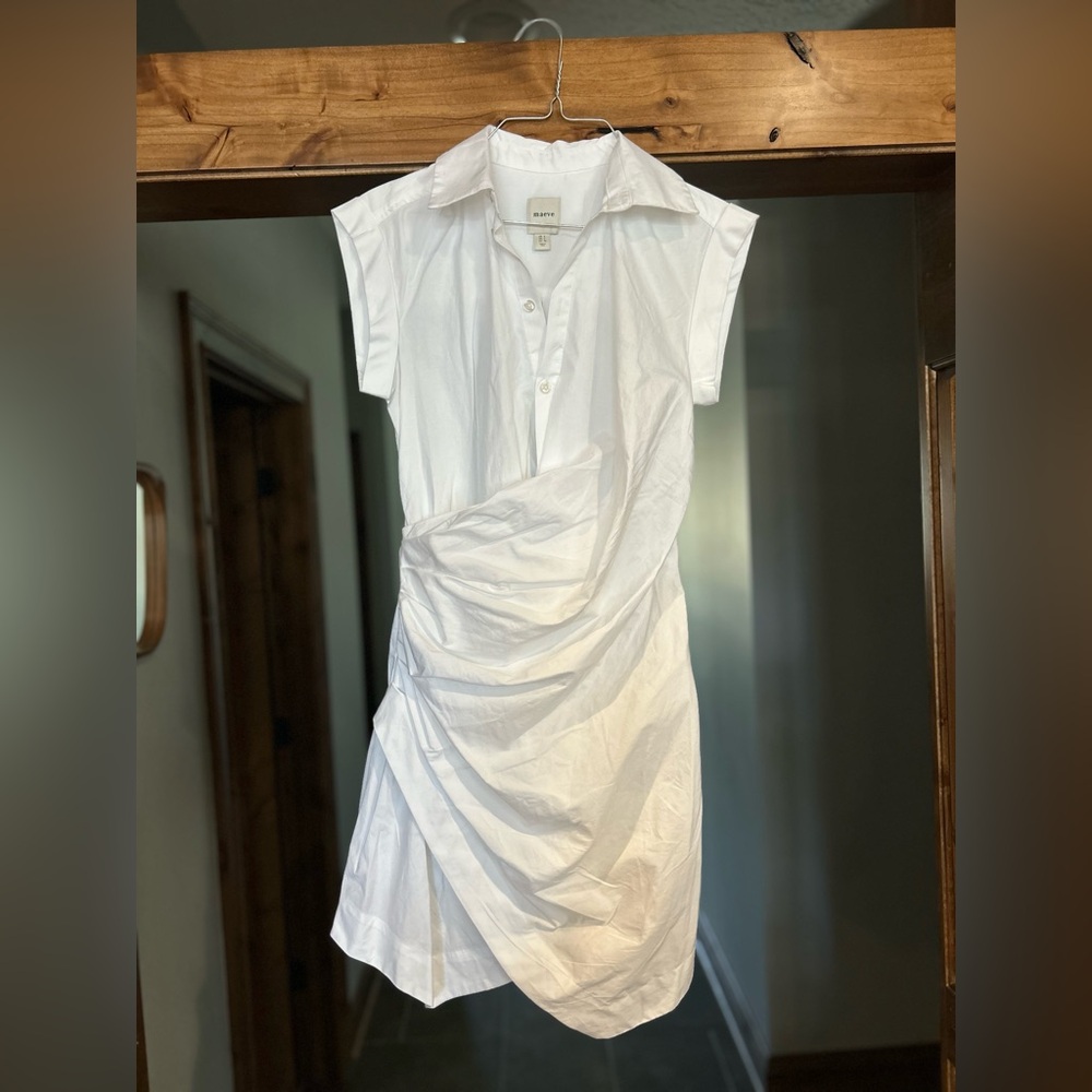 Maeve White Draped Cap-Sleeve Mini Shirt Dress